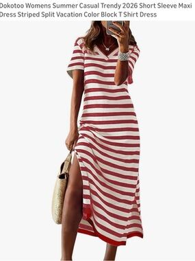 Dokotoo Striped V-Neck Maxi T-Shirt Dress in Red and White XL